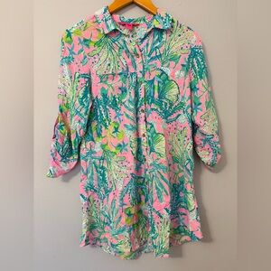Lilly Pulitzer Natalie shirtdress cover-up vibrant pink and green tropical XS